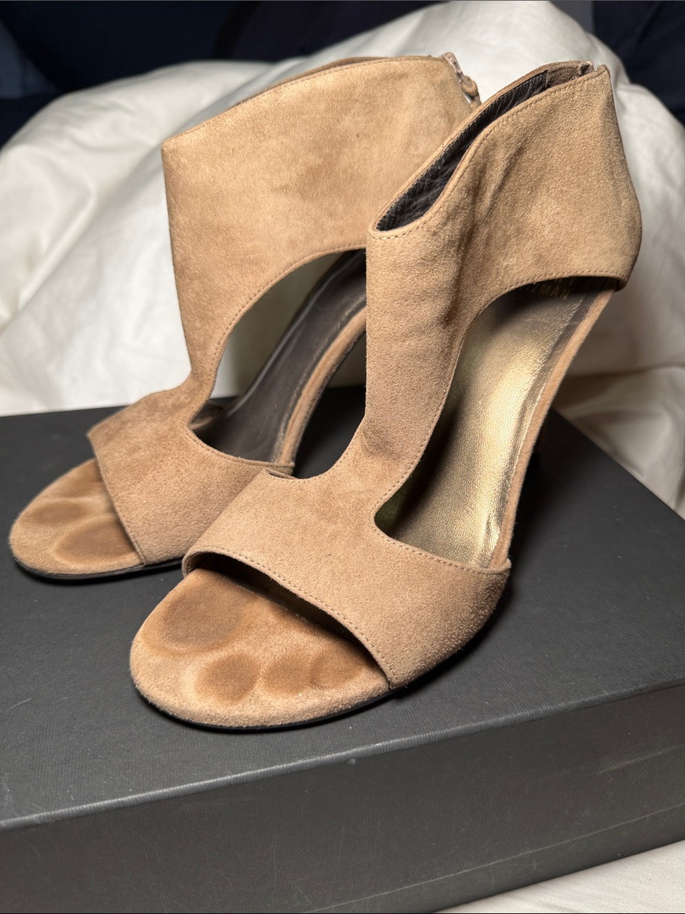 Stuart Weitzman Suede Open-Toe Heels in Light Brown